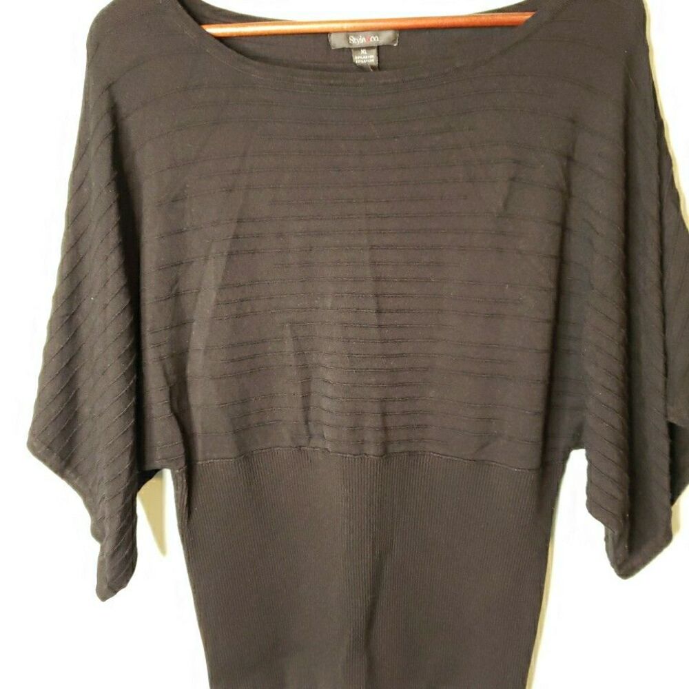 Womens Short Sleeve Sweater Ribbed Sz XL Batwing Cinched Waist Dramatic Chic 90s